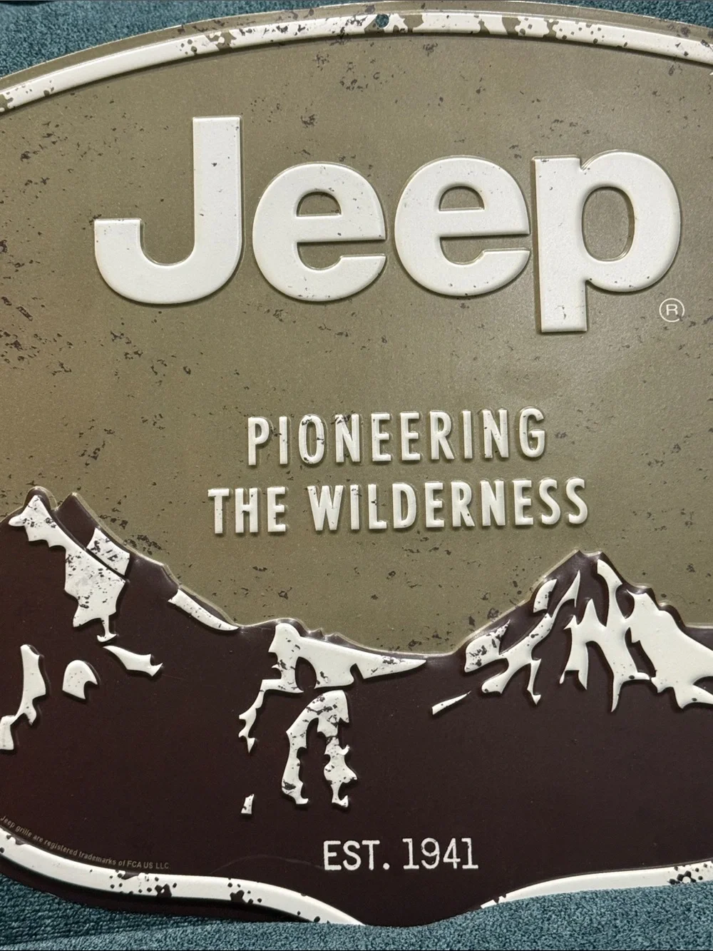 Jeep Embossed Metal Wall Sign  in Olive and Brown